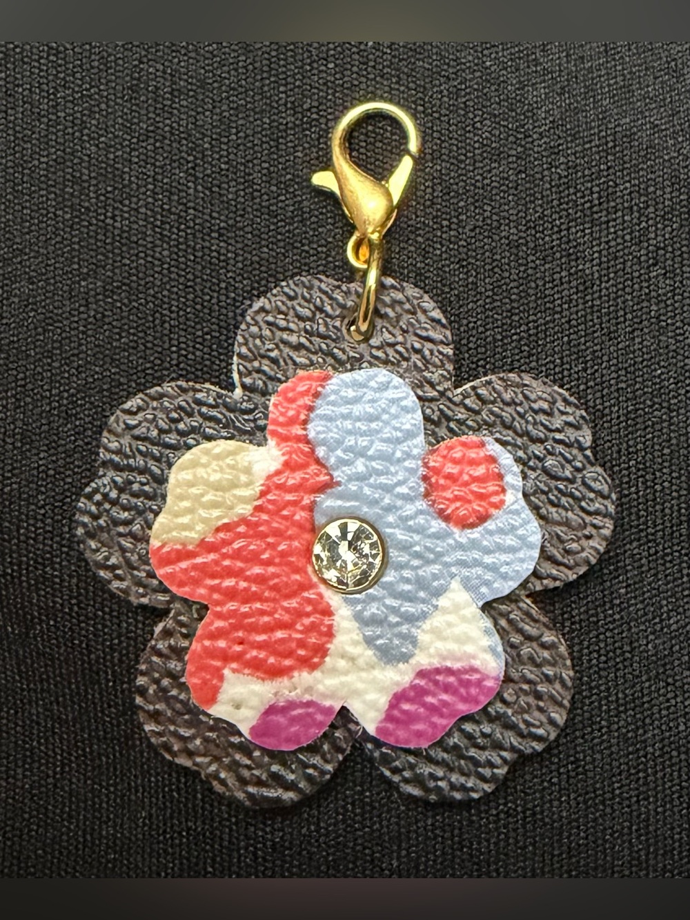 Upcycled COACH Faux Leather Mini Floral Key & Card Charm Brown with Multicolor